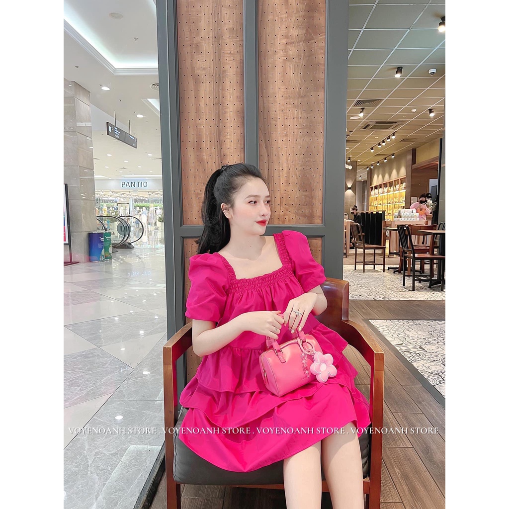 Đầm Babydoll Nữ Cổ Vuông Tay Phồng,  Váy Nữ Xếp Ly Tầng Bánh Bèo Chất Lụa Chéo Cao Cấp Thích Hợp Đi Biển Dạo Phố