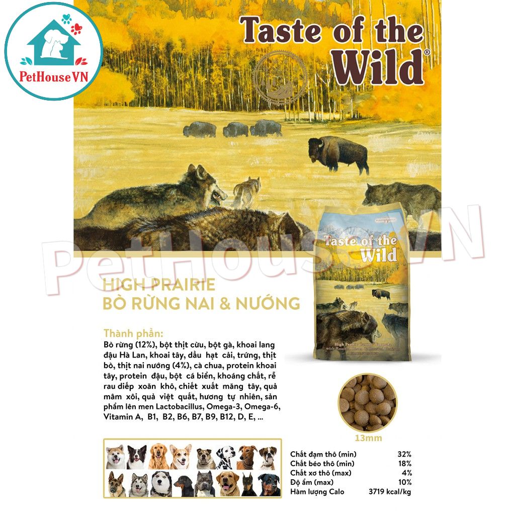 TASTE OF THE WILD HIGH PRAIRIE - Túi 50G Thức Ăn Hạt Cho Chó Trưởng Thành Vị Bò Rừng Nướng & Nai Nướng Hàng Chính Hãng