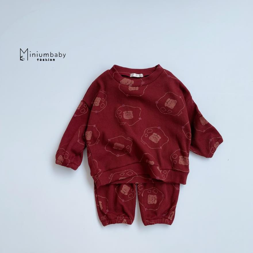 Bộ đồ dài tay quần dài in gấu thu đông cho bé gái/ trai chất liệu tổ ong, set quần áo trẻ em MiniumBaby-SB1312-SB1253