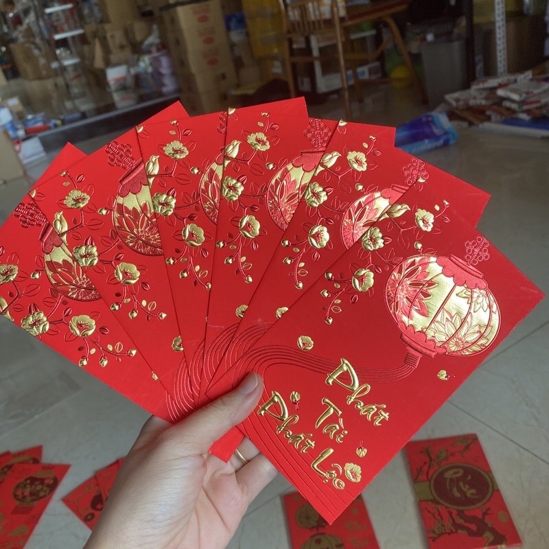 Set 6 bao lì xì đỏ, lixi tết in chữ nổi 3D Mẫu Truyền Thống