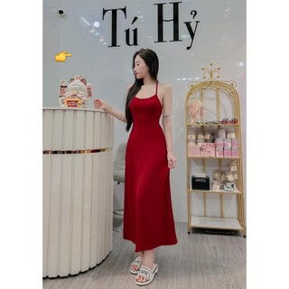 Đầm 2 dây nữ dáng dài xòe chất thun lụa kiểu có mút hở lưng