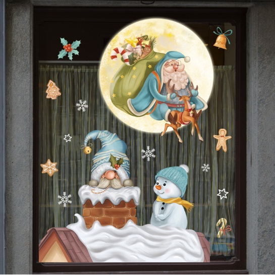 Decal trang trí Noel - Ngồi trên nóc nhà cùng ông già Noel và người tuyết