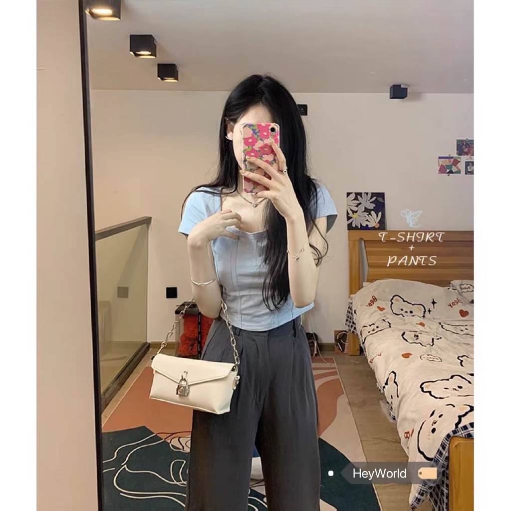 ✙♨Set Áo Thun Hở Vai + Quần Dài Ống Đứng Thời Trang Nữ