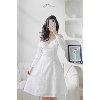 [11.11 Sale Freeship] Đầm tiểu thư nữ,đầm trắng  mẫu trơn buộc nơ trễ vai dài tay dáng xòe đi chơi dạo phố xinh xắn mtb
