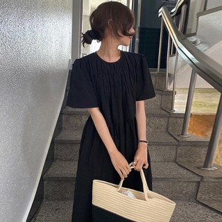 Váy cộc tay xòe dài babydoll dài xếp ly cổ style Hàn Quốc sang trọng nhẹ nhàng vintage