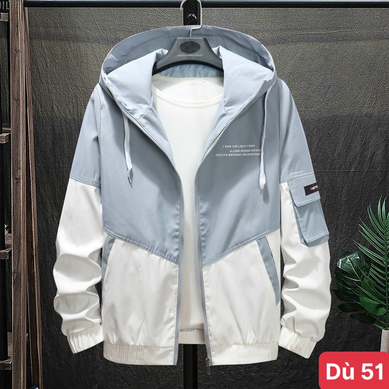 Áo khoác dù nam màu trắng xanh có mũ chất liệu dù gió 2 lớp cao cấp dáng from bóng chày bomber đẹp ADOSHOP 51 mẫu mới