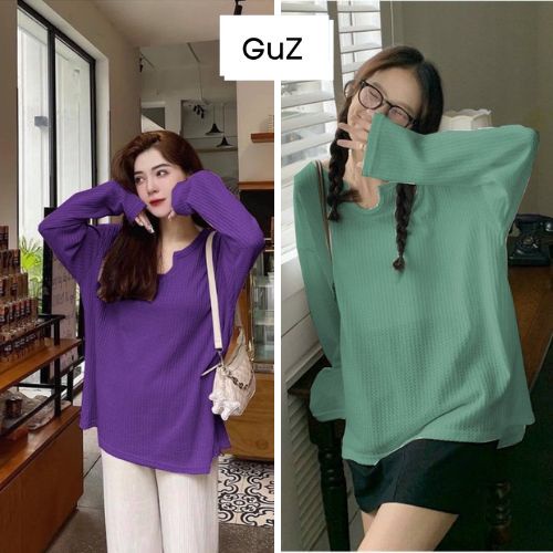 Áo tổ ong trơn nữ bassic tay dài cổ khoét form rộng dáng suông thời trang hàn quốc unisex GUZ