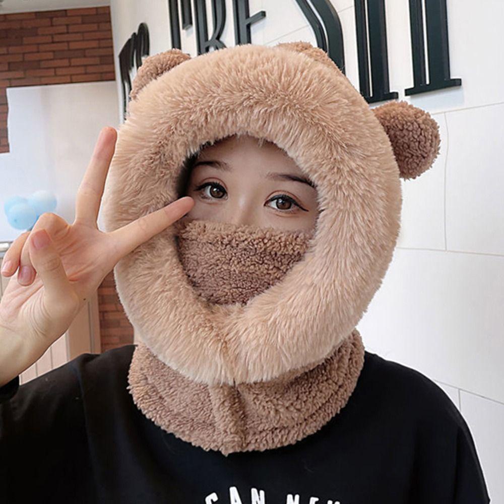 Mũ Trùm Đầu Kiêm Khăn Choàng Cổ Giữ Ấm Tai Gấu Chống Lạnh Màu Tương Phản Dễ Thương Thời Trang Cho Nữ