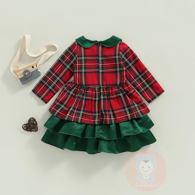 Đầm Tay Dài Cổ Búp Bê Đính Nơ Họa Tiết Sọc Caro Phong Cách Giáng Sinh Dễ Thương Cho Bé Gái LAA6