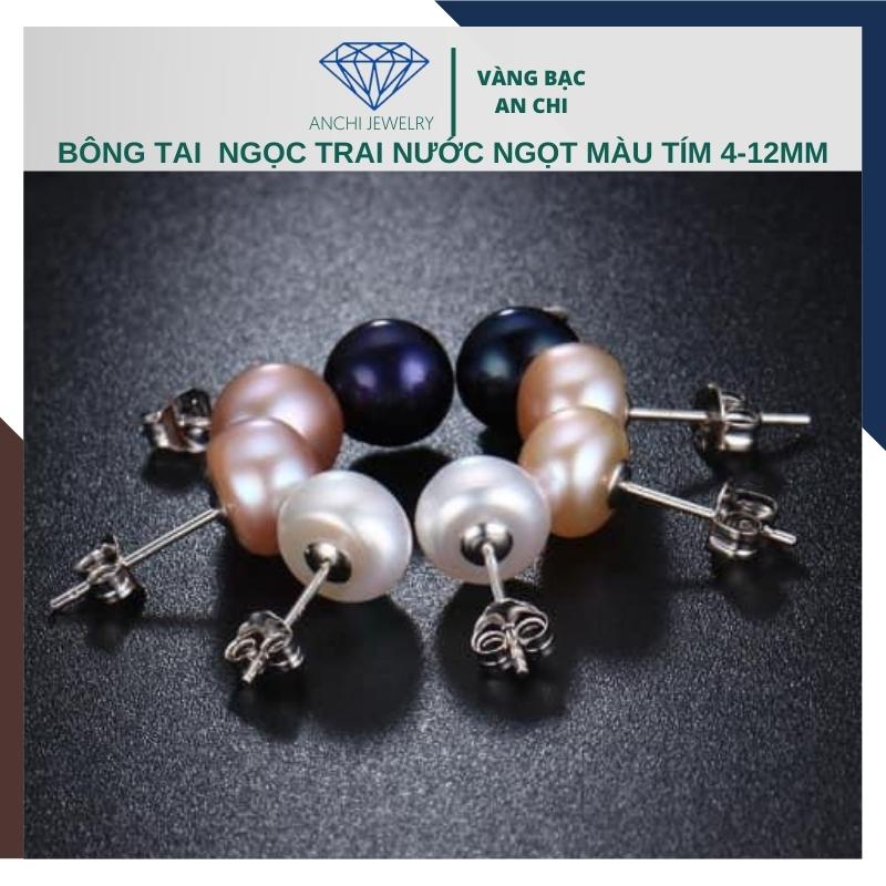 Bông tai nụ trai tím đủ size to nhỏ 4mm - 12mm, chốt bạc 925, Anchi jewelry