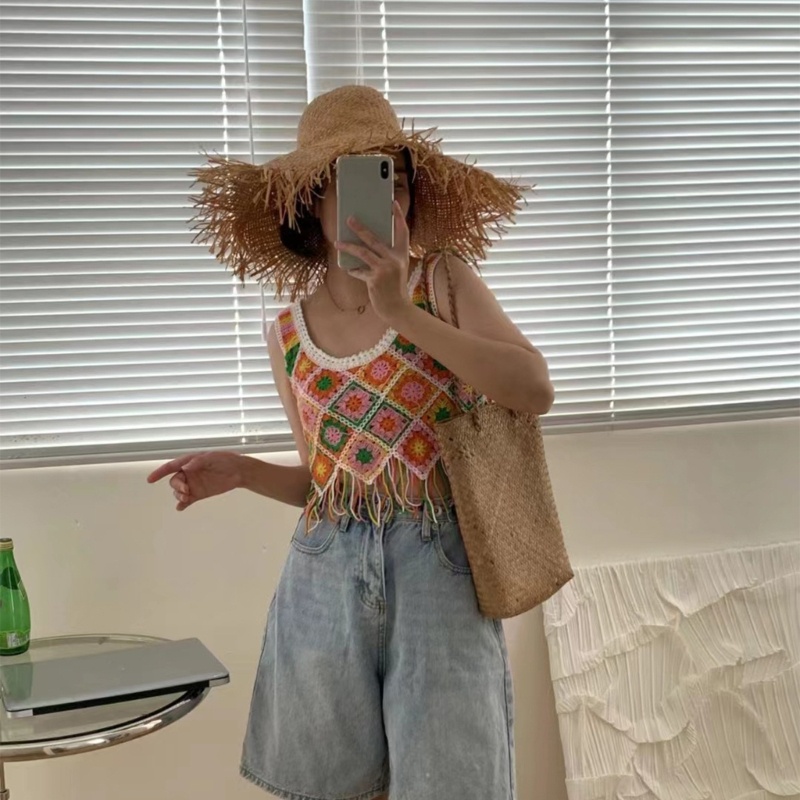 Áo Croptop Dệt Kim Sát Nách Sọc Ca Rô Phối Lỗ Lưới Nhiều Màu Sắc Xinh Xắn Cho Nữ