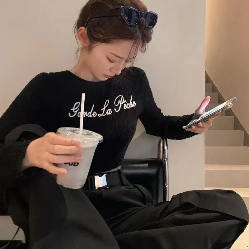 Áo Thun Tay Dài Cổ Tròn Thêu Chữ Thời Trang Thu Đông Hàn Quốc Mới