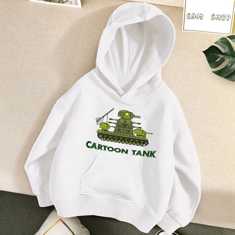 Áo Hoodie in hình xe Tăng đại chiến màu trắng cực chất cho bé