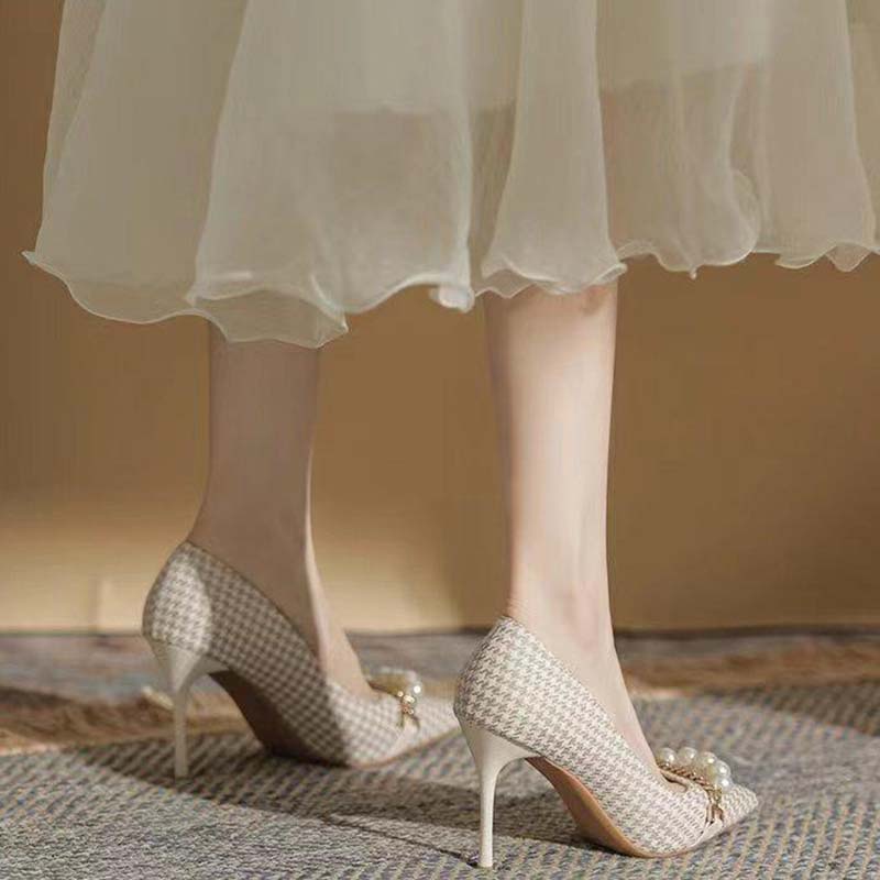 Giày Cao Gót Mũi Nhọn Đính Ngọc Trai Thời Trang Dành Cho Nữ