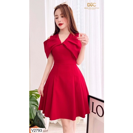 v2793 váy xoè tay nơ màu đỏ đô
