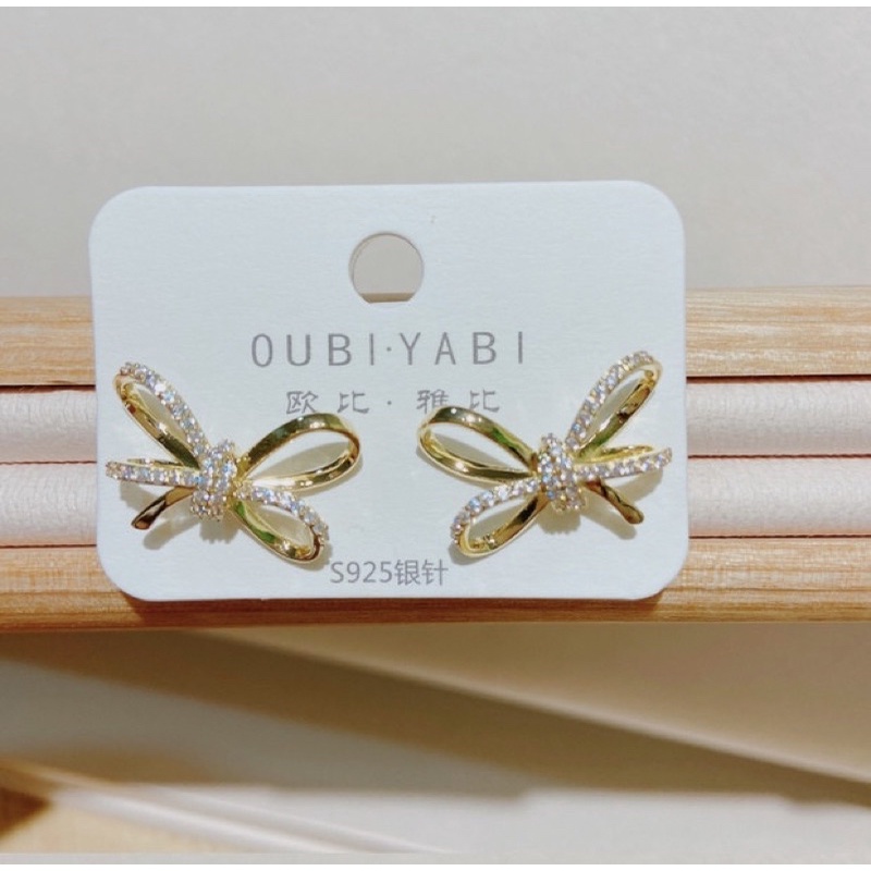 bông tai nơ đinh đá sanh chảnh, khuyên tai đá zircon phong cách hàn quôc