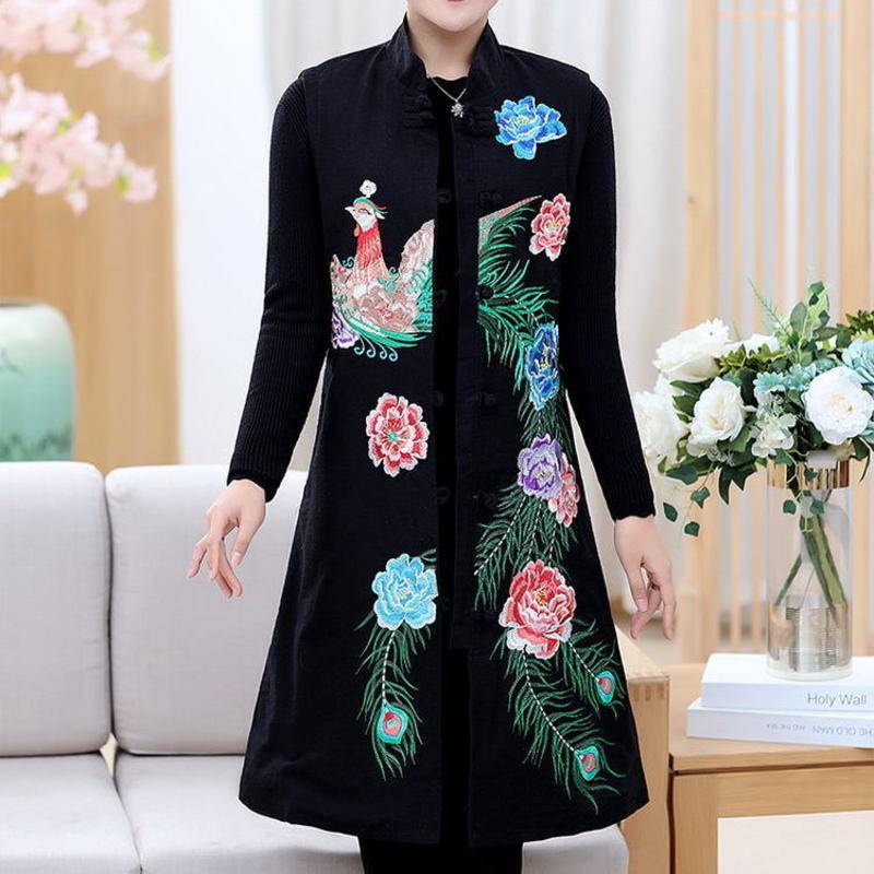Áo Khoác Không Tay Dáng Rộng Họa Tiết Thêu Phong Cách Dân Tộc Dành Cho Phụ Nữ Trung Niên