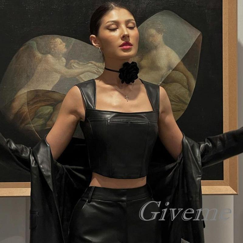 Áo Croptop Sát Nách Da PU Cổ Vuông Màu Trơn Phối Khoá Kéo Phong Cách Đường Phố