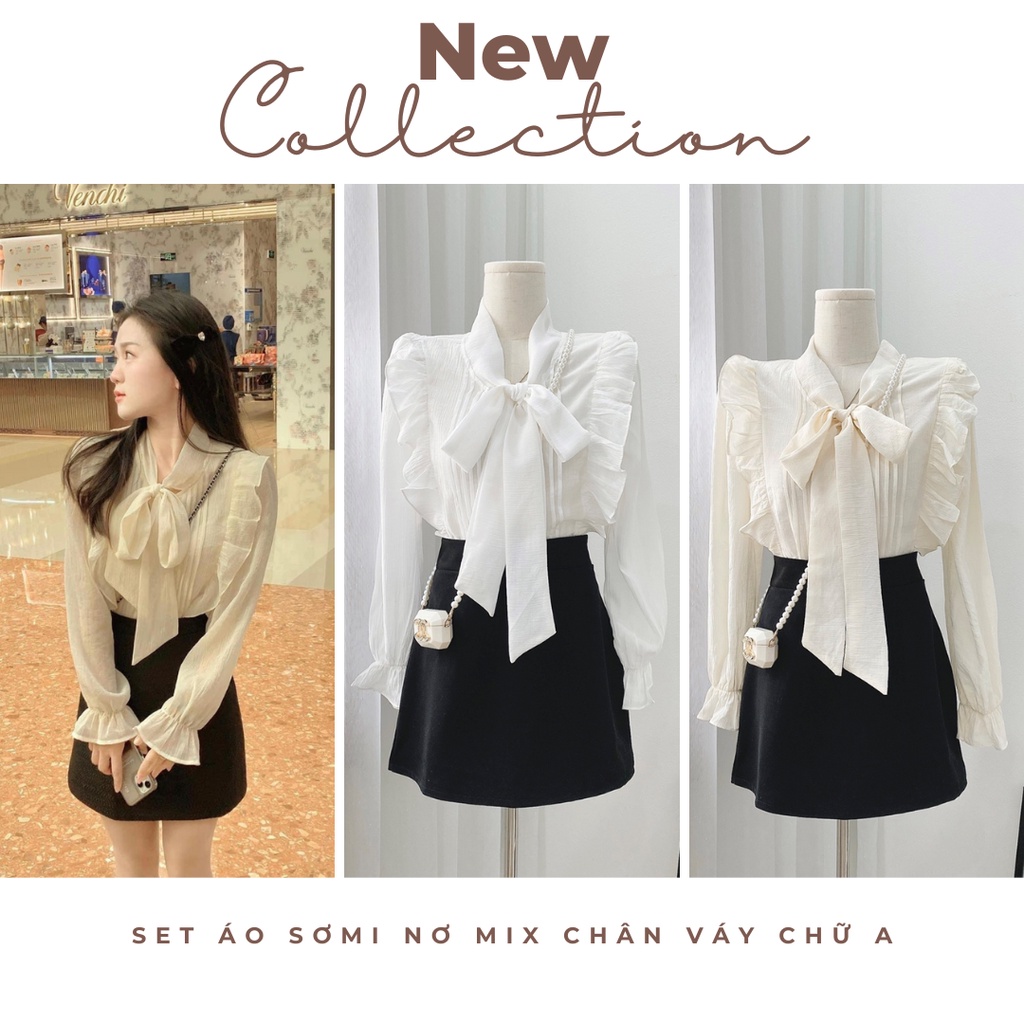 Set Áo Sơmi Nơ Mix Chân Váy Chữ A 2 Màu Siêu Xinh Có Ảnh Thật
