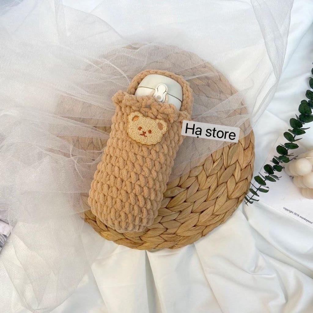 Túi đựng bình nước túi quai xách gấu cute bằng len handmade