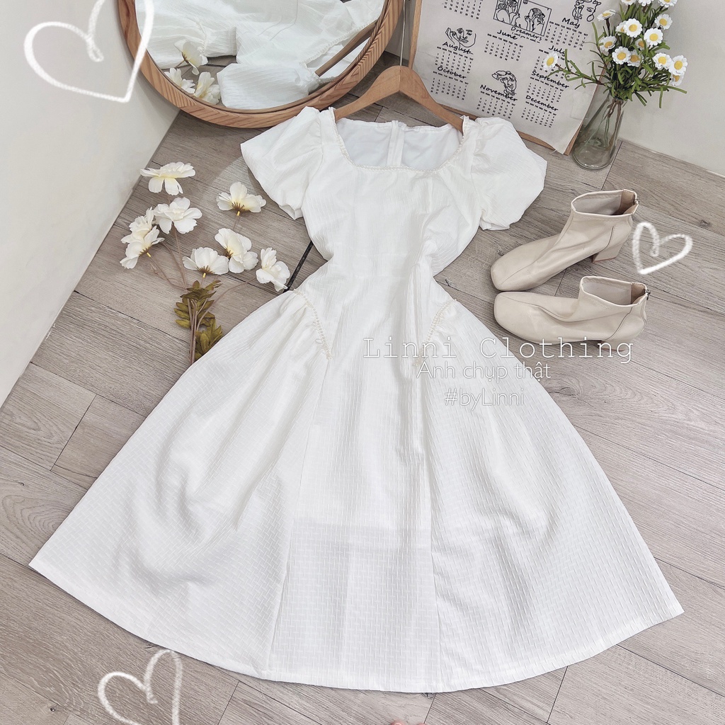Đầm tay bồng chất gấm ô xược cao cấp tay bồng cổ U đính ngọc sang chảnh (đi chơi, đi tiệc, event)
