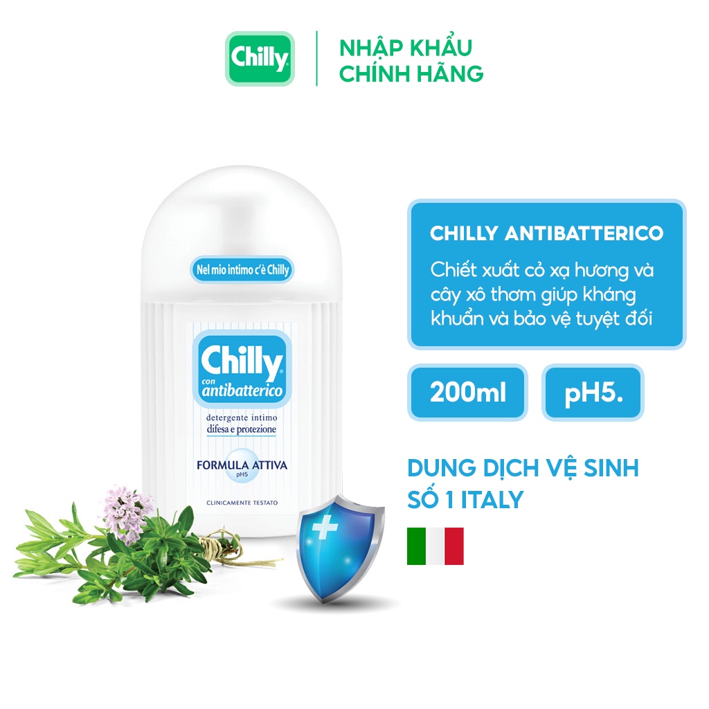 Dung dịch vệ sinh phụ nữ Chilly Con Antibatterico chiết xuất cỏ xạ hương kháng khuẩn ngăn mùi hiệu quả - chai 200ml