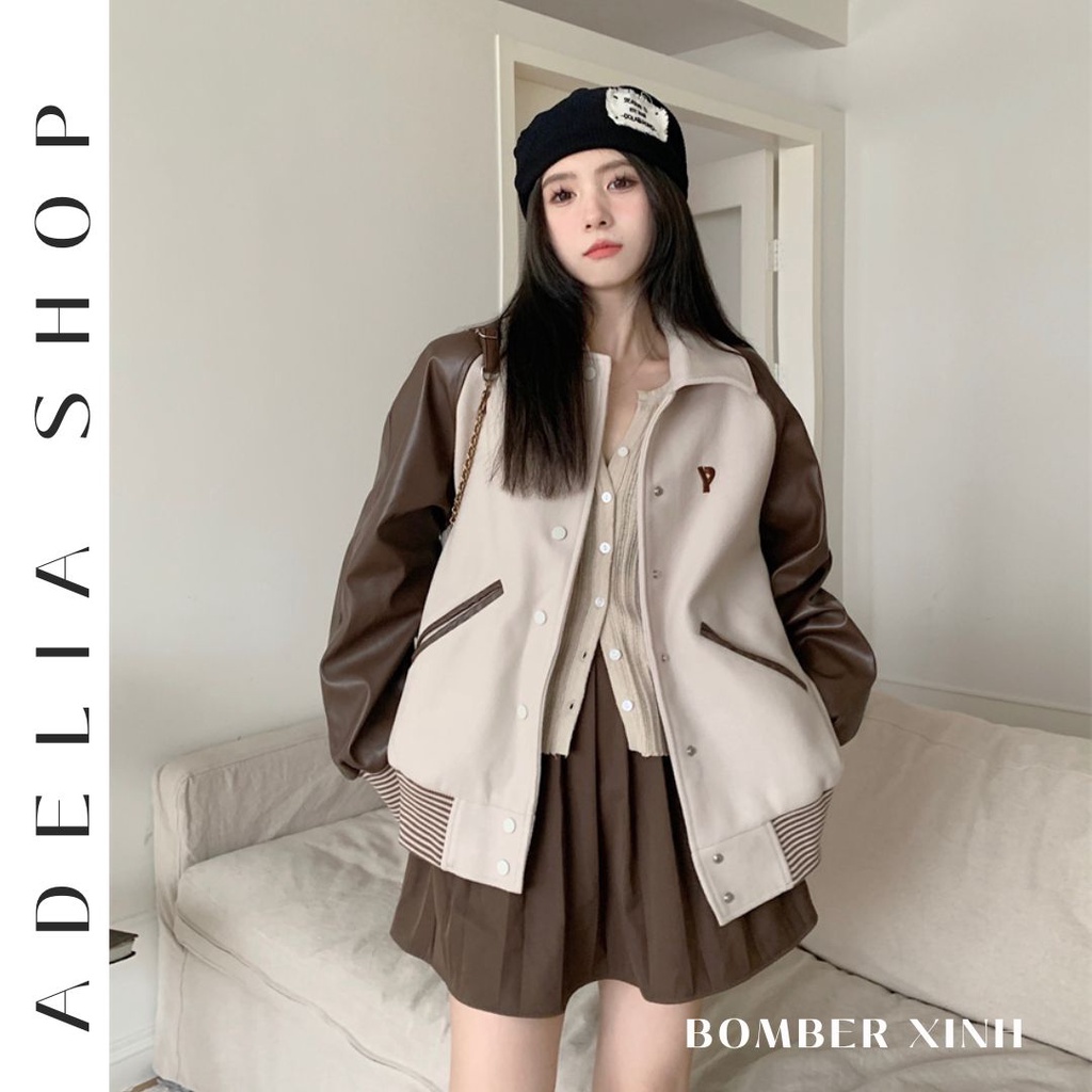 「ADELIA」Áo Bomber Màu Nâu Be Vintage Chất Dày Dặn Phối Tay Da Hàng Xịn Quảng Châu, Áo Khoác Bóng Chày