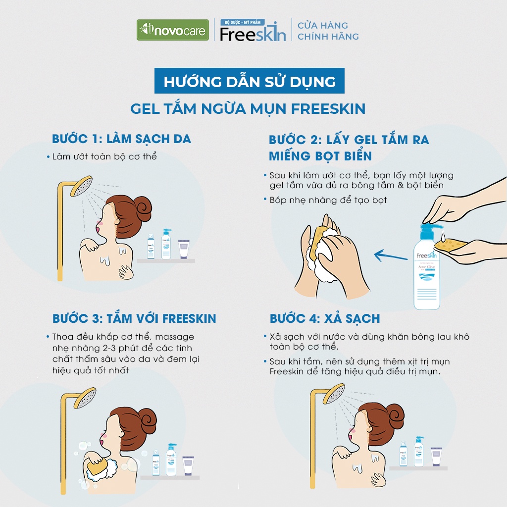 Gel tắm ngừa mụn Novocare - Freeskin ngăn ngừa viêm nang lông loại bỏ yếu tố gây ra mụn viêm, dùng cho da nhạy cảm 250ml