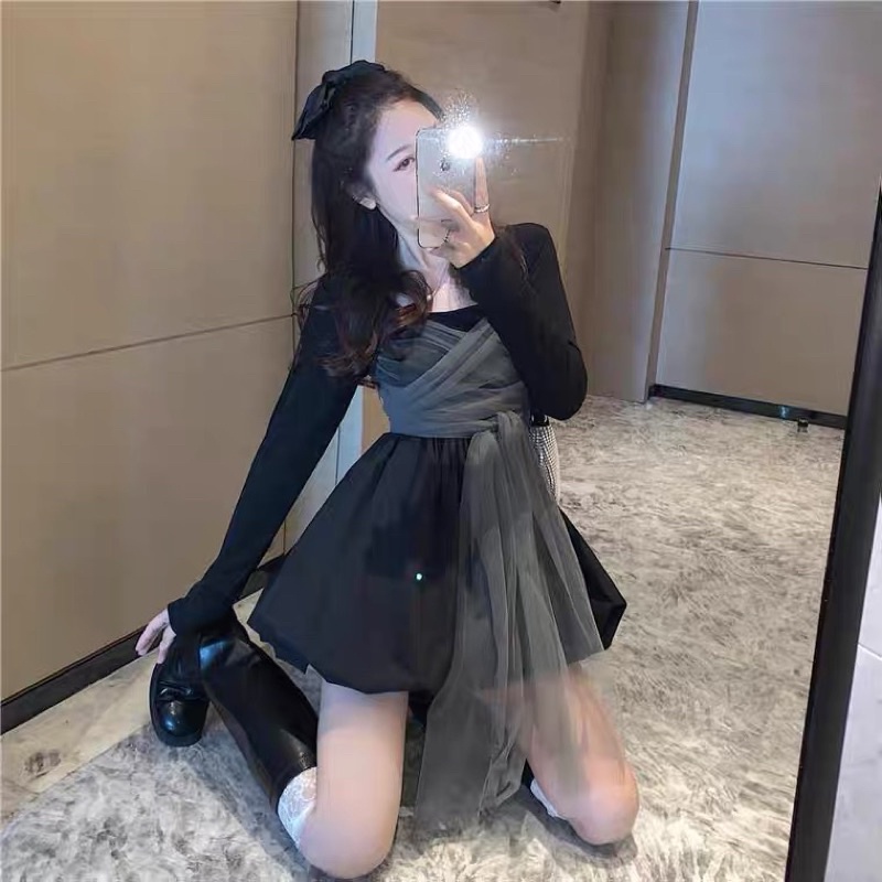 Váy kiểu nữ thắt nơ eo đen xoè dự tiệc