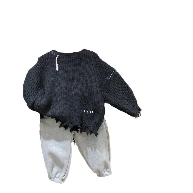 Boys' Sweater Autumn and Winter Fashionable Design Fashionable Children's Clothing Ripped Black Children's Sweater