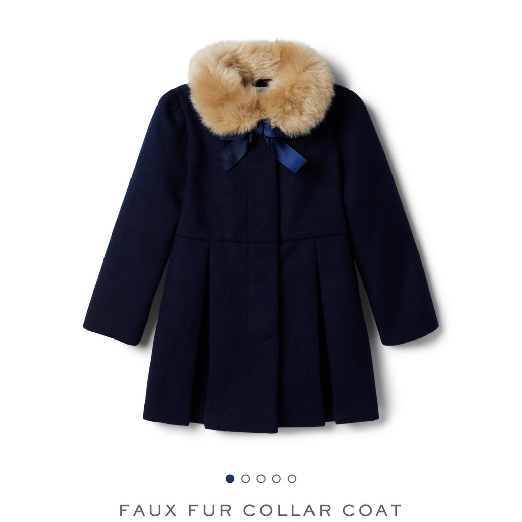 Áo khoác dạ Janie & Jack dáng dài navy cổ lông đính nơ BG (2y)