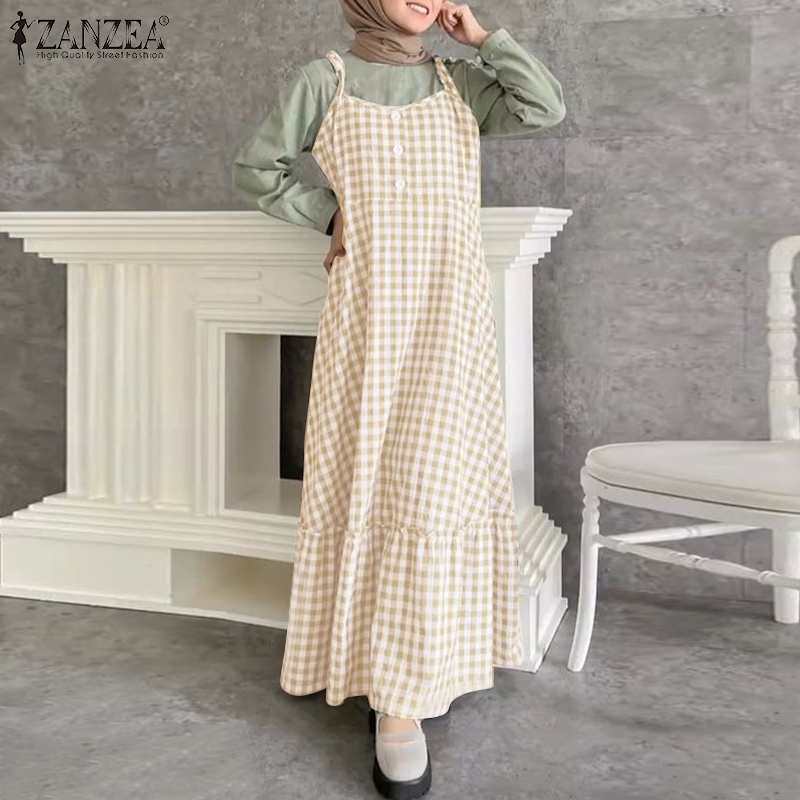 ZANZEA Đầm Hai Dây Viền Bèo Họa Tiết Caro Thời Trang Cho Phụ Nữ Hồi Giáo