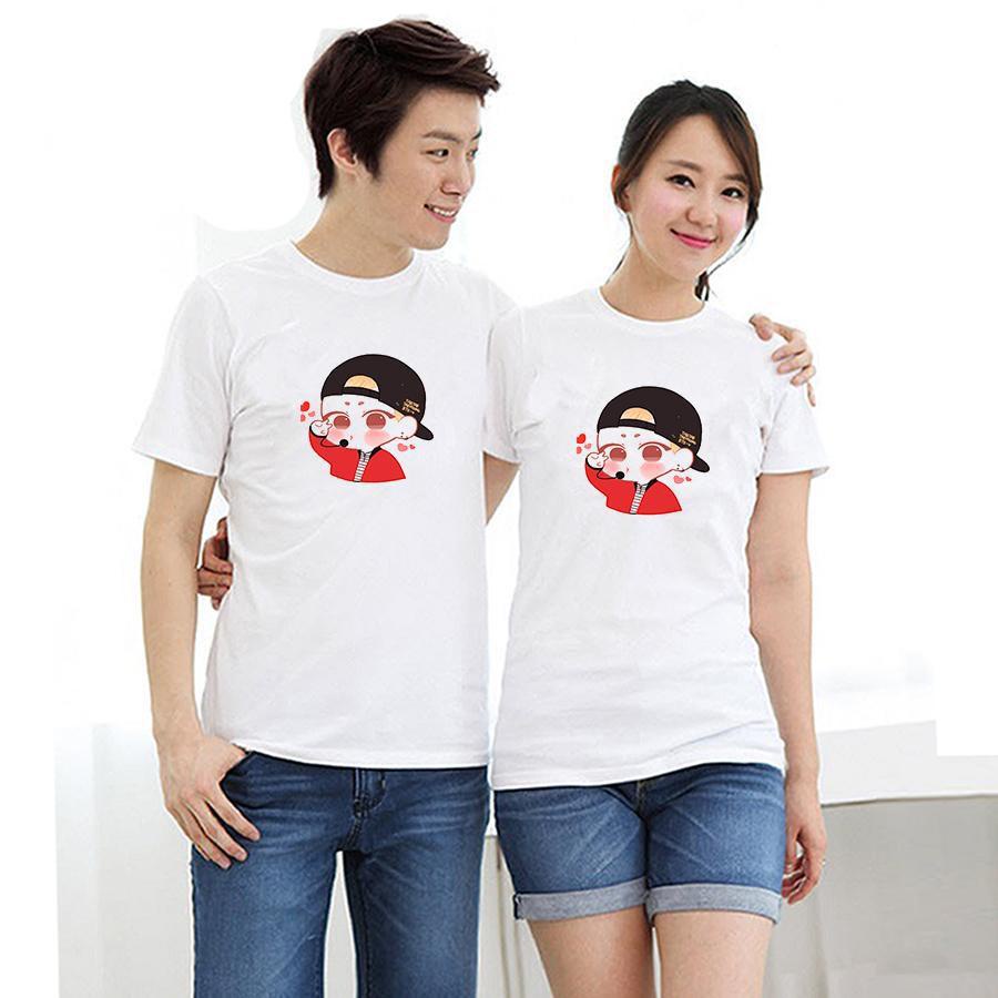 Áo Thun Cặp Đôi Nam Nữ Tình Yêu Ngắn Tay Đi Chơi Vải Cotton Mát In Bé Đội Mũ Ngược Hàn Quốc