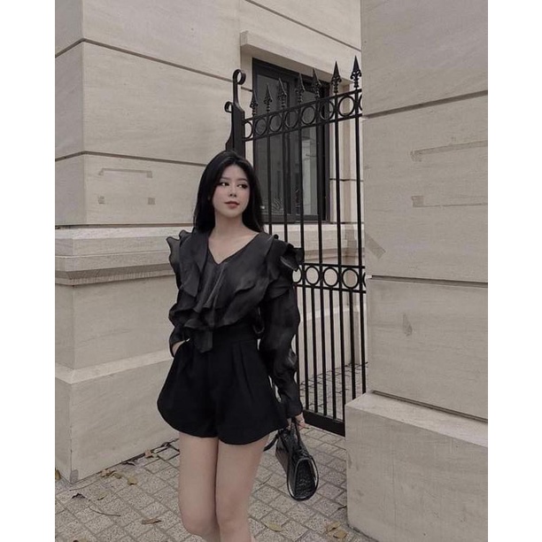 áo sơ mi viền bèo màu đen tay dài kiêu sa kèm ảnh thật ( thời trang bigsize vicky.g-anitagreen) N1022