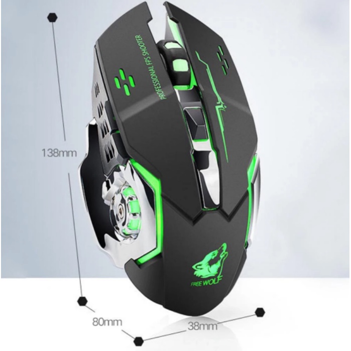 Chuột Chơi Game Sạc Không Dây Wolf X8 Click Cực Êm, 6 Phím Chức Năng Chơi Game Có Đèn Led (Bluetooth + Sạc)