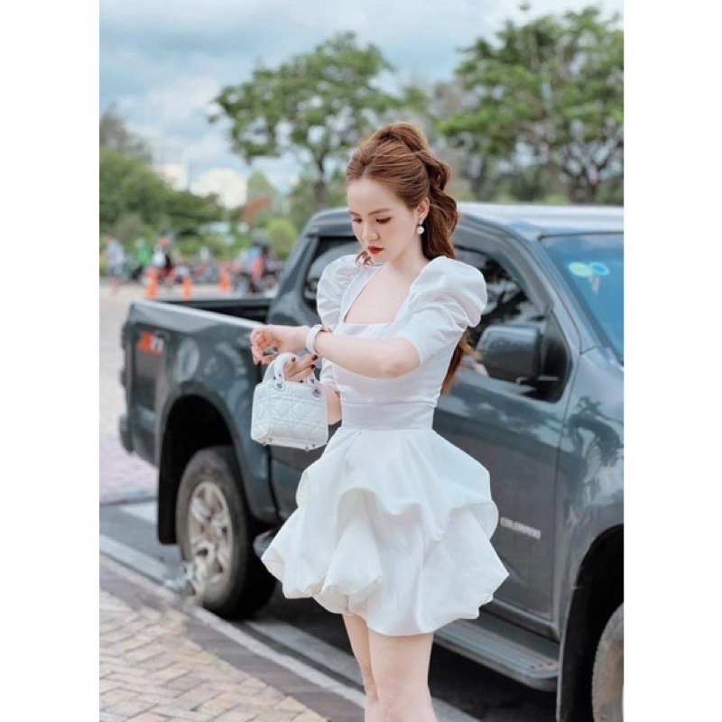 Váy nữ trắng đầm dự tiệc tay bồng dáng xoè sexy siêu xinh