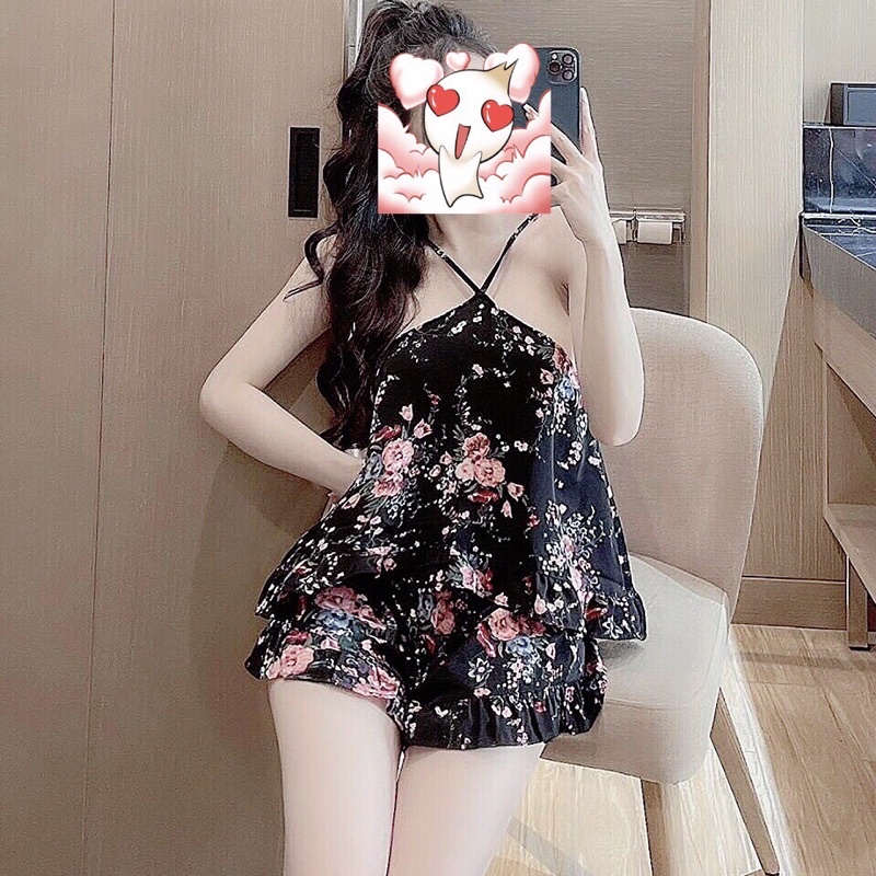 Đồ ngủ dây voan hoạ tiết tà bèo xinh có dây thâu tăng chỉnh