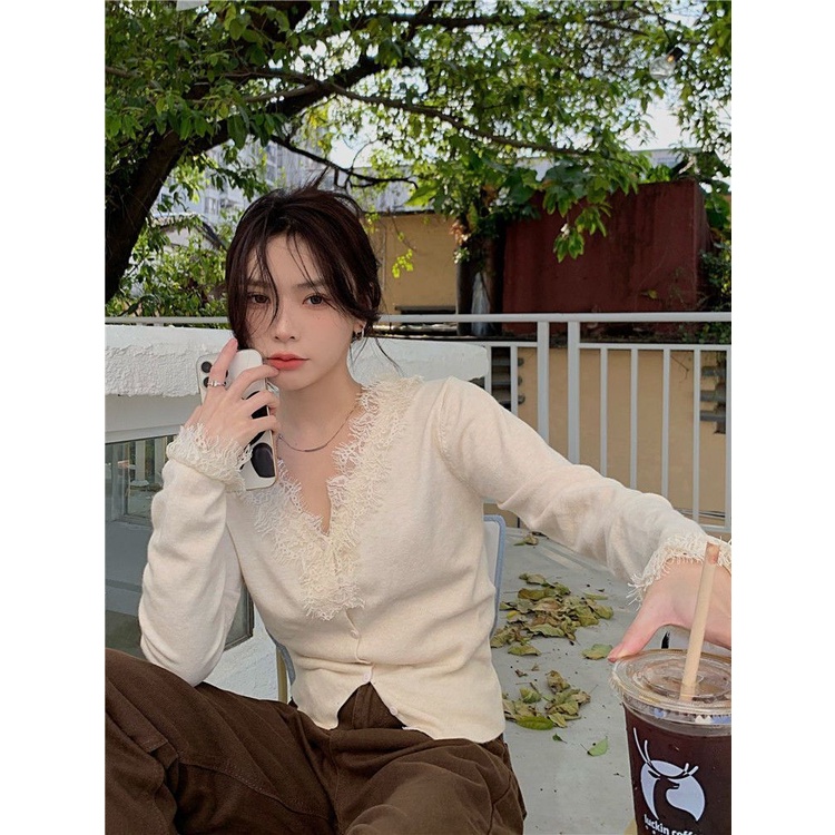 COZOK Áo sweater Tay Dài Dáng Rộng Phối Ren Thời Trang