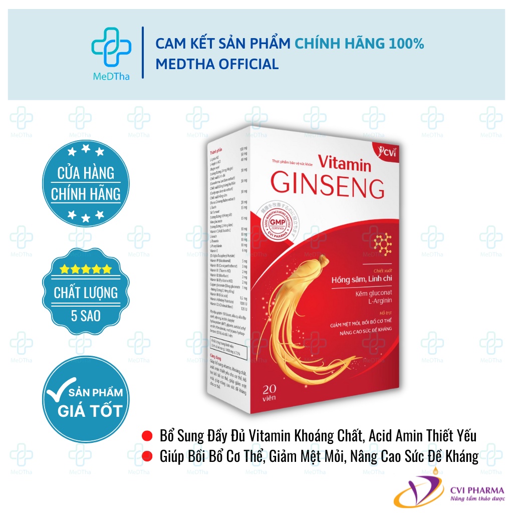 Vitamin GINGSENG - Viên uống bổ sung vitamin, bồi bổ cơ thể, giảm mệt mỏi, tăng sức đề kháng (Hộp 20 viên) [Chính hãng]