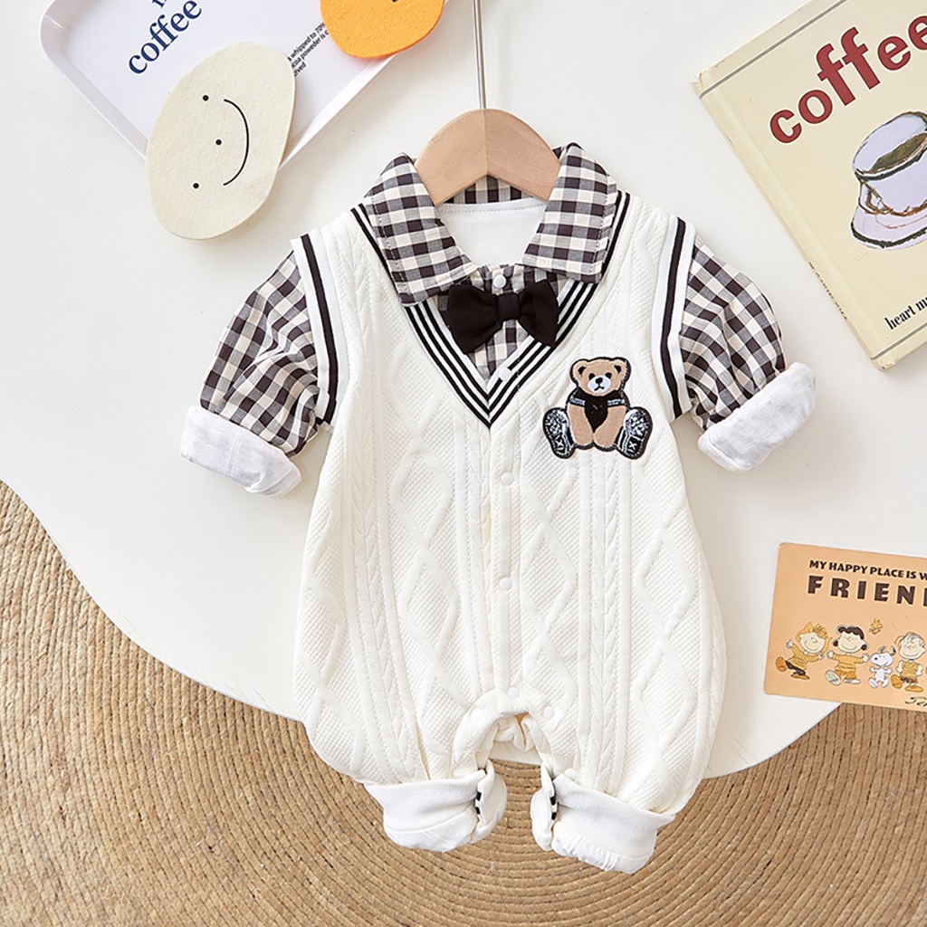 Body Len Cho Bé Bodysuit Công Tử Trắng Phối Sơ Mi Kẻ Caro Cho Bé Mặc Thu Đông - BDD28