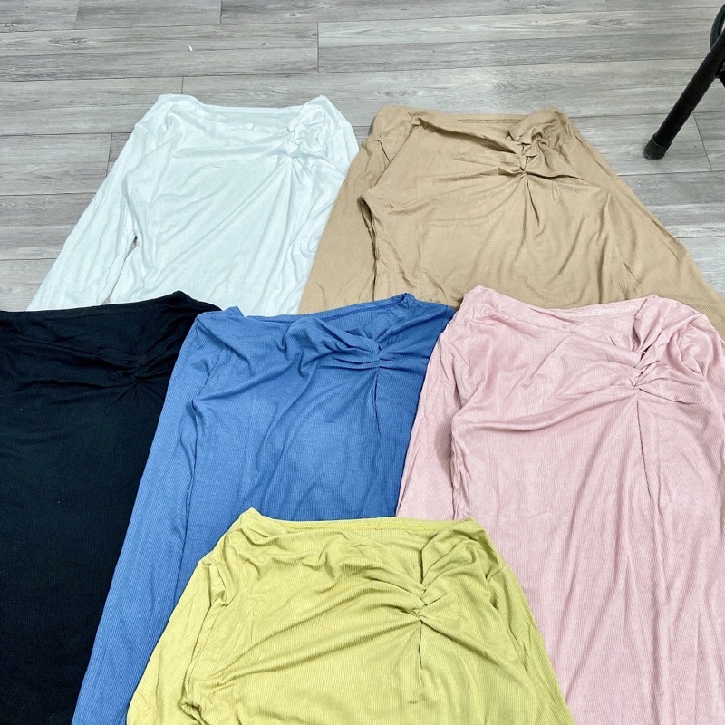 Áo Thun Dài Tay Cổ Nhún Chữ V Lệch Vai Chất Thun Tăm Mềm