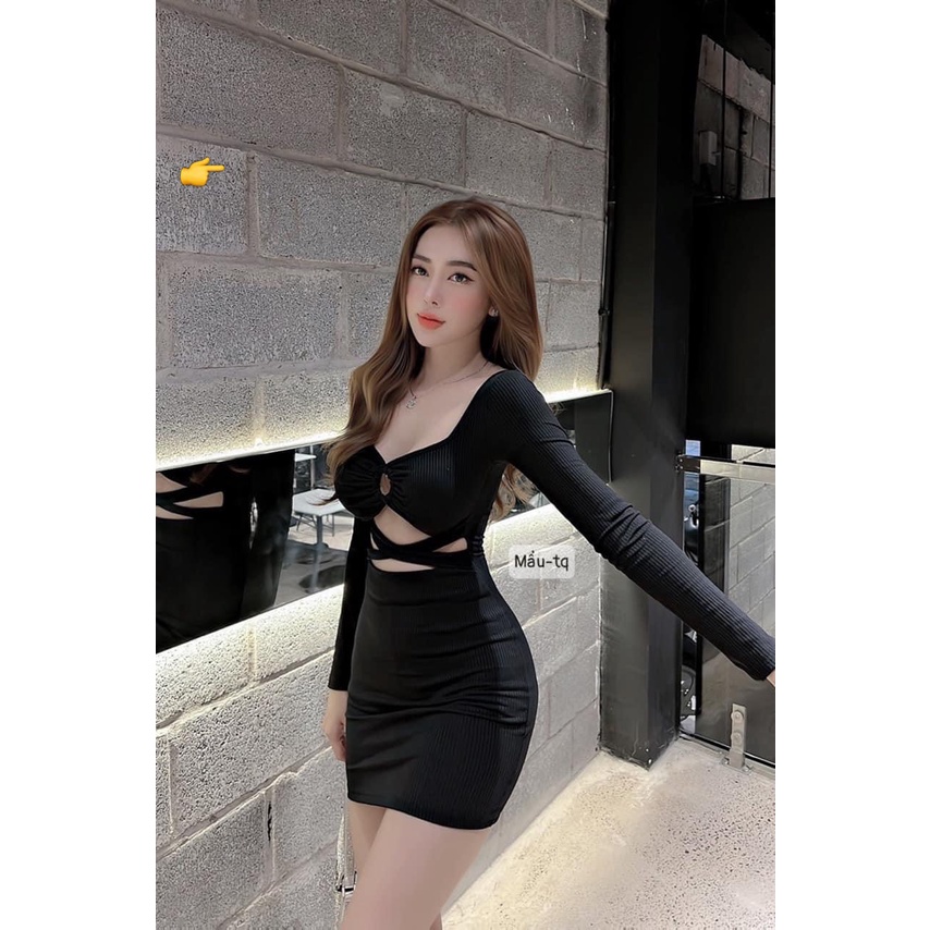 Đầm tay dài cổ vuông khoen ngực hở eo 2 dây chéo cực sexy , chất thun gân mềm mịn mát