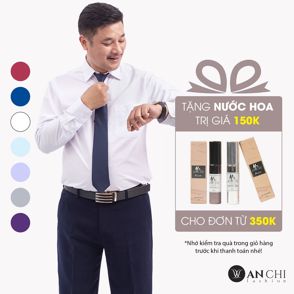 Áo Sơ Mi Nam Công Sở Trung Niên ANCHI Classic Trơn Dài Tay Vải Cotton Có Túi Ngực