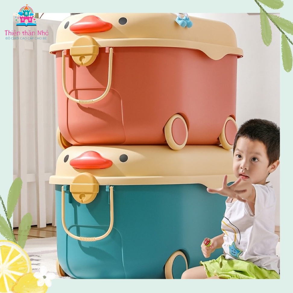 Thùng đựng đồ chơi đồ dùng đa năng cho bé hình con vịt có bánh xe, mặt nắp thùng có thể lắp ráp lego - Thiên thần nhỏ