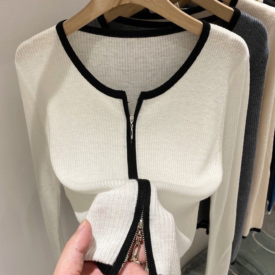 Áo Khoác Cardigan Dệt Kim Tay Dài Phối Khoá Kéo Cho Phái Nữ