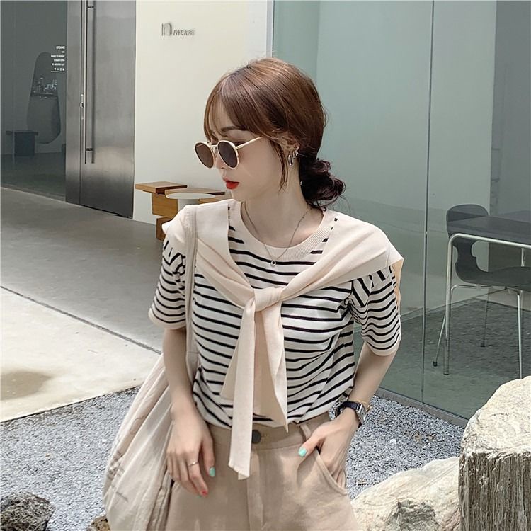 Áo Thun Tay Ngắn Cổ Tròn Họa Tiết Kẻ Sọc Thời Trang Mùa Hè Xinh Xắn Cho Nữ