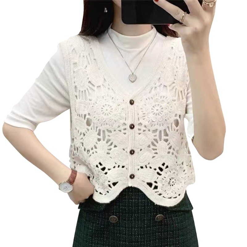 Áo Khoác Dệt Kim Không Tay Dáng Rộng Cài Nút Họa Tiết Hoa Thời Trang Mùa Thu Cho Nữ Thẻ