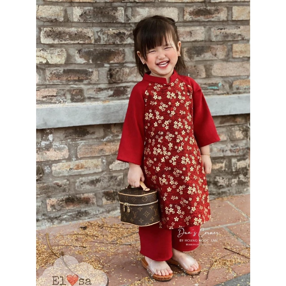 Set Áo Dài Tăm Nhung Hoa Xinh Đẹp Dành Cho Bé Gái Từ 8-25kg