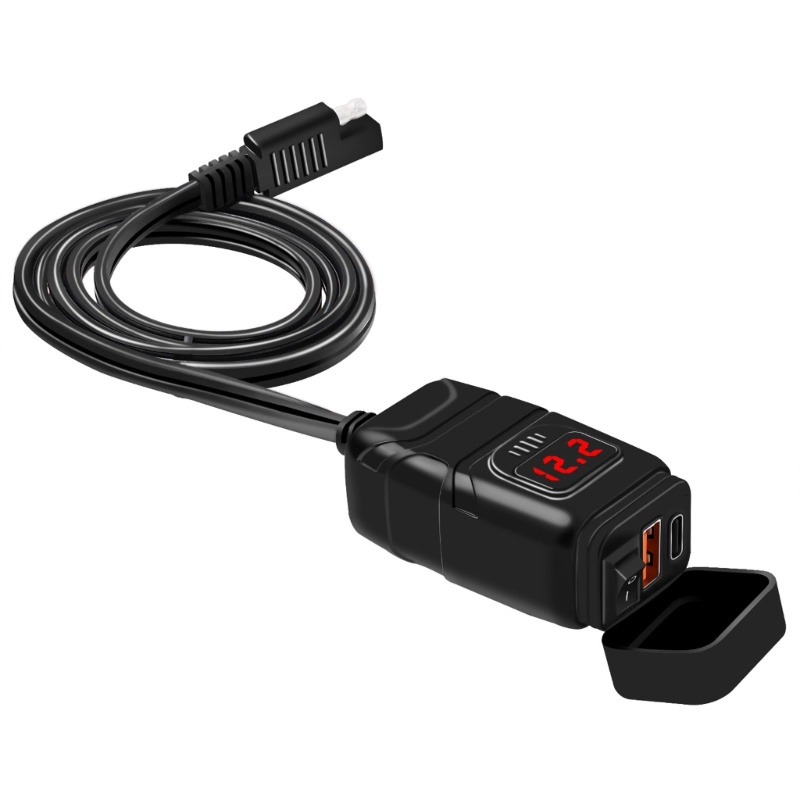 Cục Sạc Cổng USB Type C QC3 0 Chống Nước Có Công Tắc Vôn Kế Cho Xe Máy