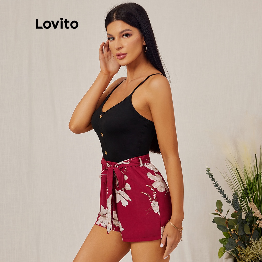 18de-Jumpsuits Lovito cài cúc buộc phía trước dây mảnh hoạ tiết hoa mặc thường ngày L18D058 (Màu đỏ tía)